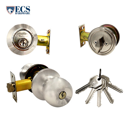 ECS HARDWARE - Durable Combo Lockset w/ Single Knob & Deadbolt - Entrance - Satin Nickle - Grade 3 (KW1)