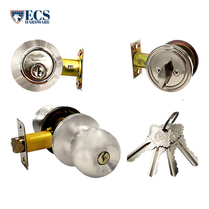 ECS HARDWARE - Durable Combo Lockset w/ Single Knob & Deadbolt - Entrance - Satin Nickle - Grade 3 (SC1)