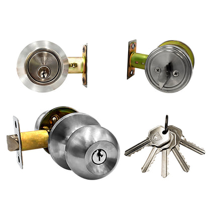 Durable Combo Lockset w/ Single Knob & Deadbolt - Entrance - Stainless Steel - Grade 3 (KW1)