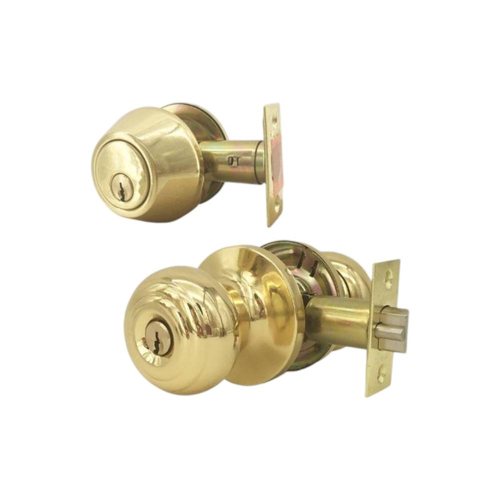 Premium Knob and Deadbolt Lockset Combo - Entry / Entrance - SC1 Keyway - Polished Brass