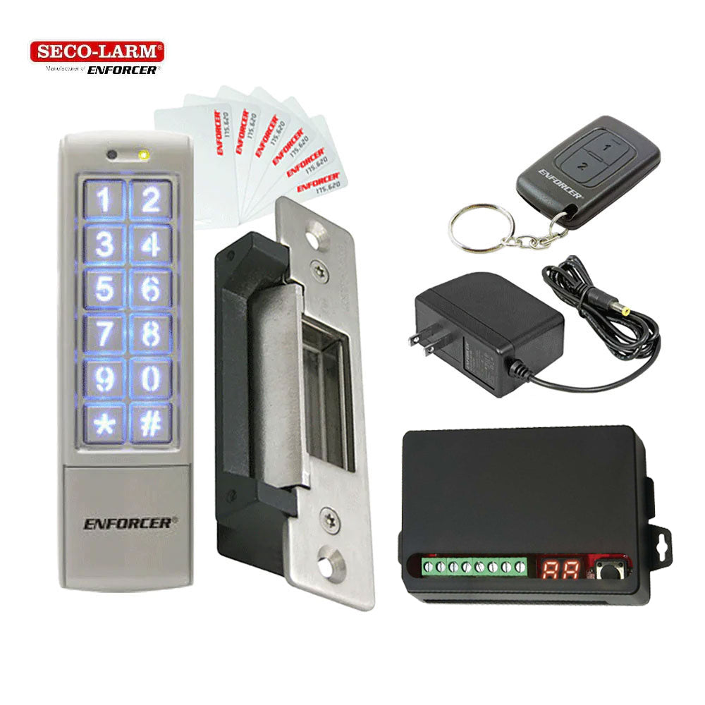 SECO-LARM - Electric Door Strike with Digital Access Keypads, Proximity Cards, 2-Channel RF Receiver, 3-Channel RF Transmitter and 12VDC Plug-in Transformer