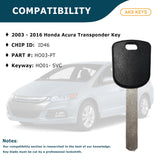 2003 - 2016 Honda Acura Transponder Key -  ID46 Chip "V" - HO03-PT (2 Pack)