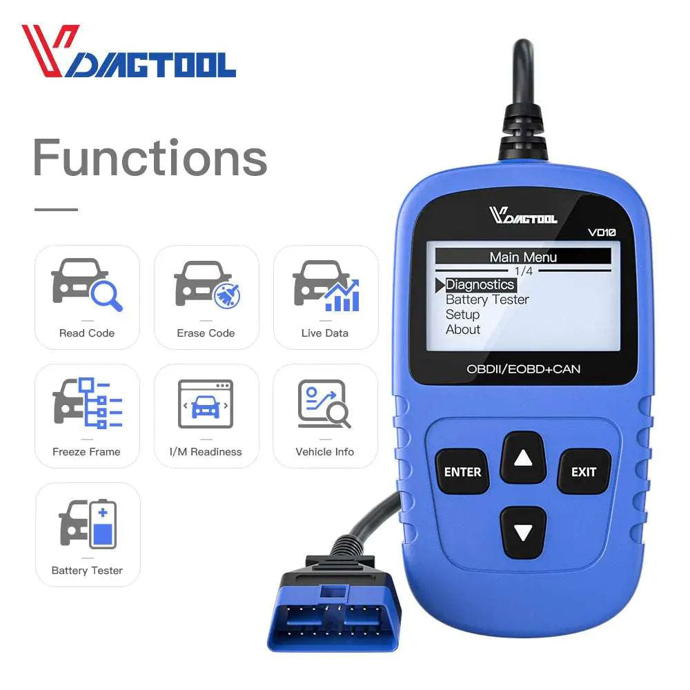 VDIAGTOOL VD10 OBD2 Scanner for Check Engine Light, Live Data, I/M Readiness, Plug & Play Code Reader