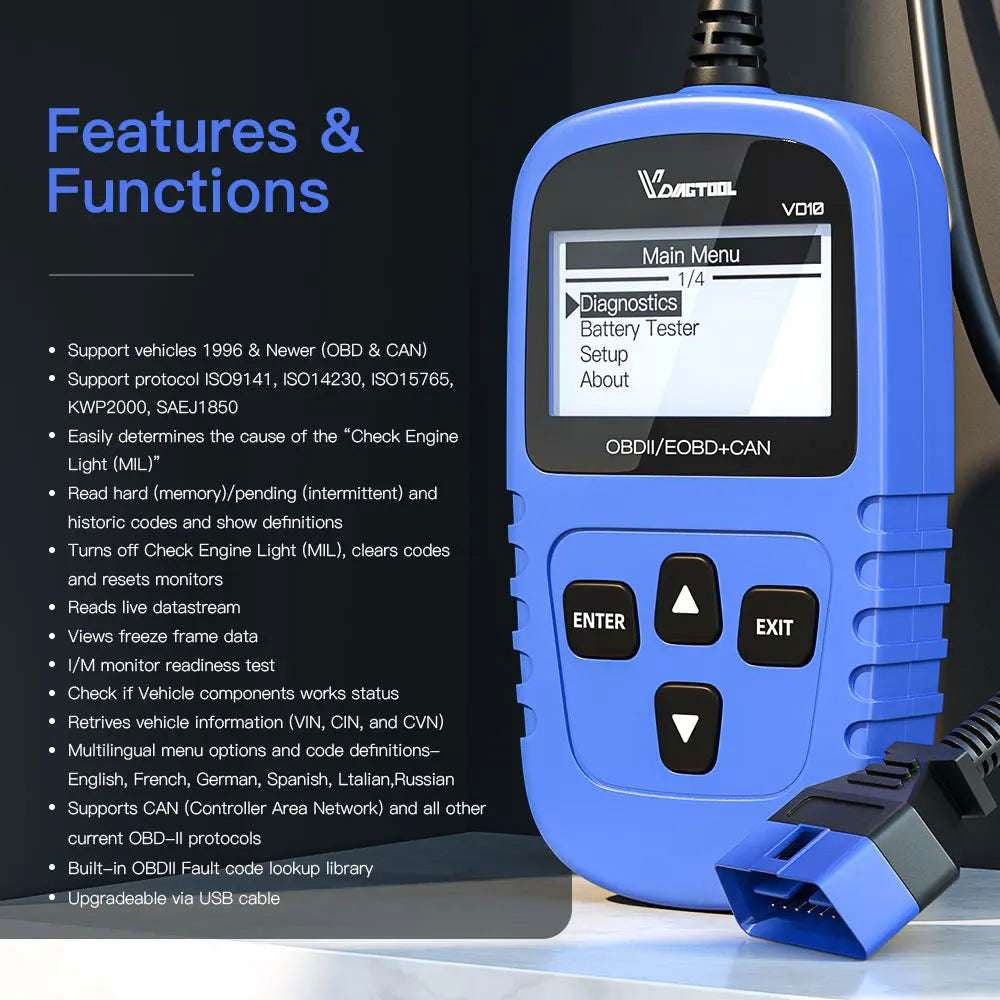 VDIAGTOOL VD10 OBD2 Scanner for Check Engine Light, Live Data, I/M Readiness, Plug & Play Code Reader