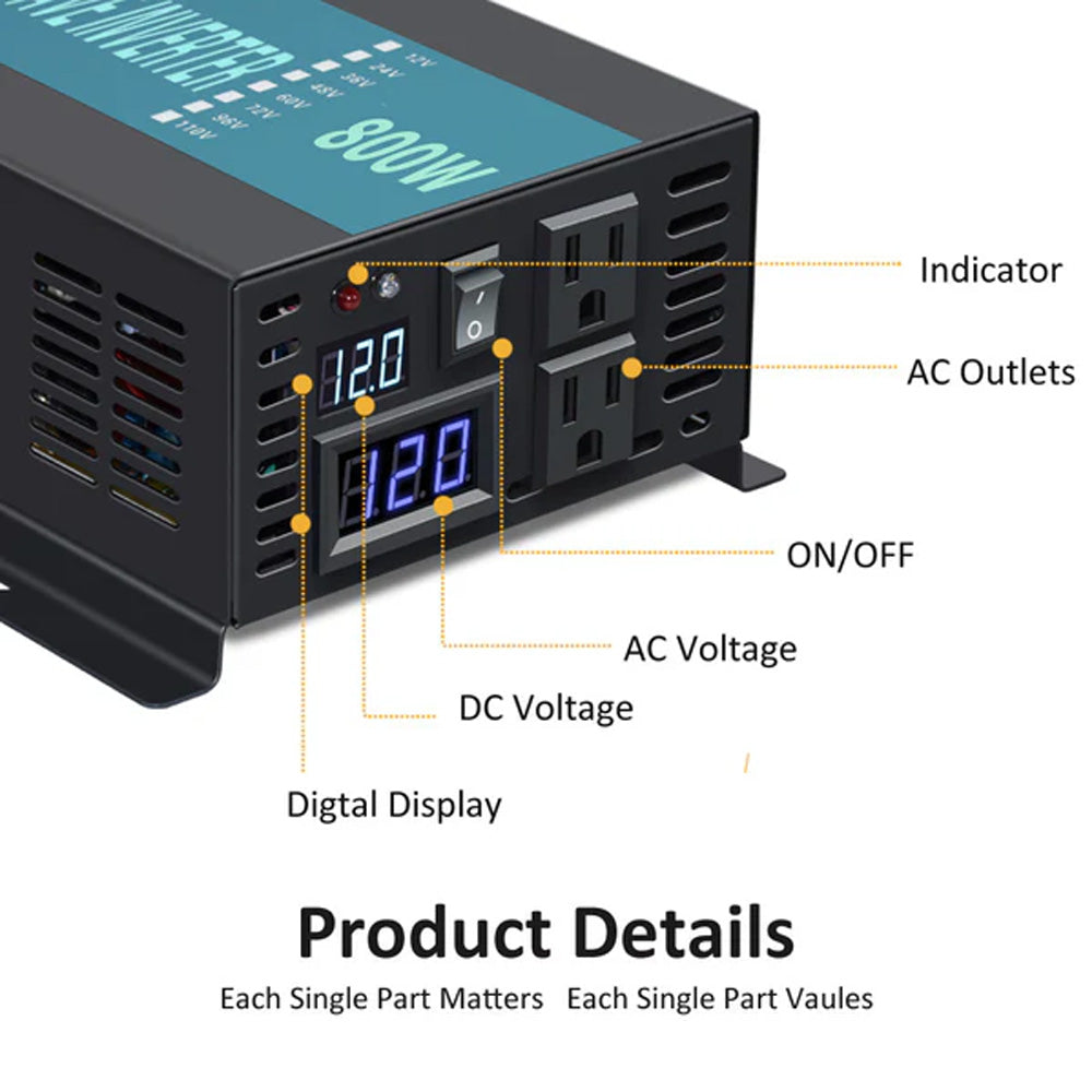 RBP - 800W Power Inverter 12VDC, 24VDC and 48VDC to 120VAC Pure Sine Wave High Frequency Off Grid Solar Inverter