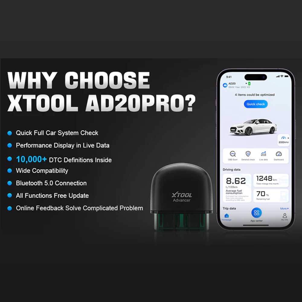 XTOOL - AD20 PRO - Full System Diagnostic Scanner with OBD2 On-Board Monitor - Battery Test - Maintenance Light Reset - Driving Record & Driving Analysis