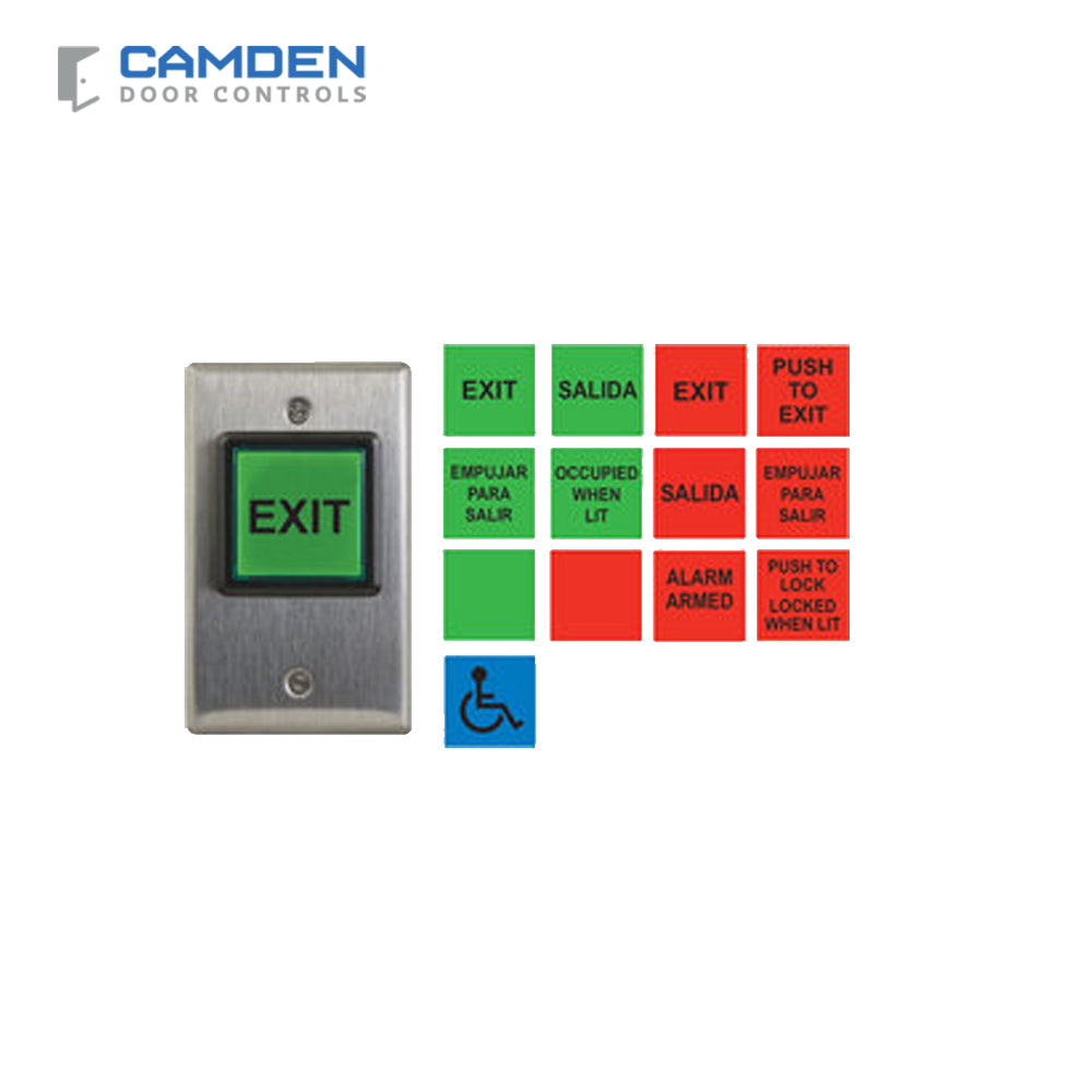 Camden CM-30U LED Push/Exit Square Switch with English & Spanish Labels - 12V-28V