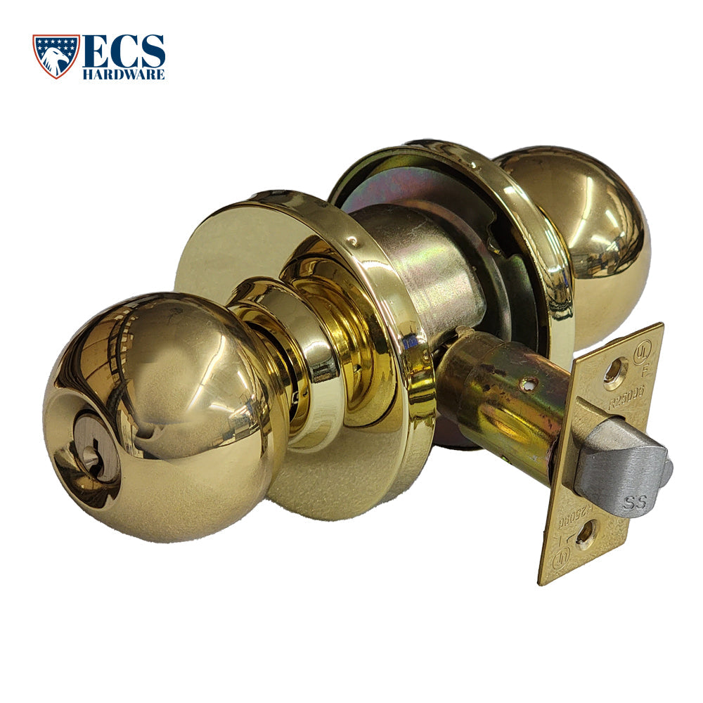 Commercial Door Knob Set - 2-3/4” Standard Backest - Polished Brass- Entrance - Grade 2
