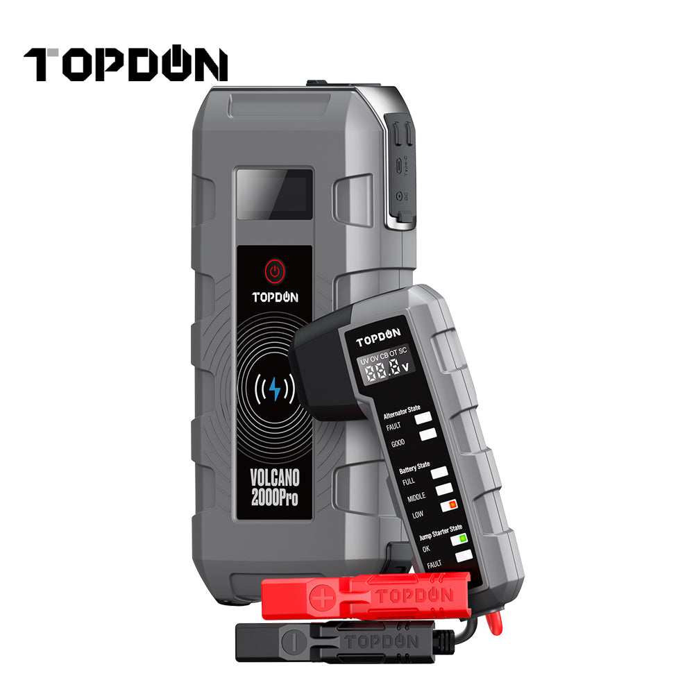 TOPDON JS2000 Autostarter – 2000 A Piek – 16000 MAh – Voor Benzine Tot 8.0L En Diesel Tot 6.0L – 7 Veiligheidsbeschermingen – Led-zaklamp Met 3 Modi – Powerbank – IP64 – Inclusief EVA Tas