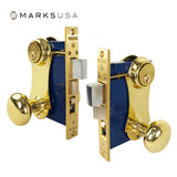 Marks USA - 21AC - Ornamental Iron Unilock Entrance Knob Mortise Lockset - Backset 2-1/2 Inch - 5 Pin - Double Cylinder - Bright Brass